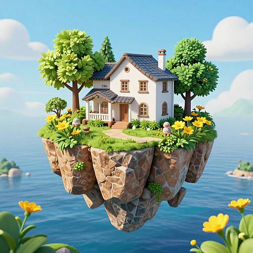 Whimsical digital illustration of a charming white house with a shingled roof, surrounded by lush green trees and yellow flowers, floating on a rocky
