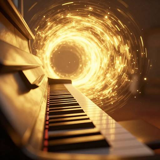 Photograph of a piano keyboard with glowing, swirling golden light emanating from the center, creating a dynamic, energetic effect.