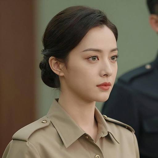 Woman in Beige Military-Style Shirt Portrait