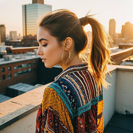 Woman with Side Ponytail on City Rooftop