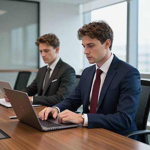 Photograph of two young, white men in navy suits with white shirts and red ties, working on laptops in a bright office.