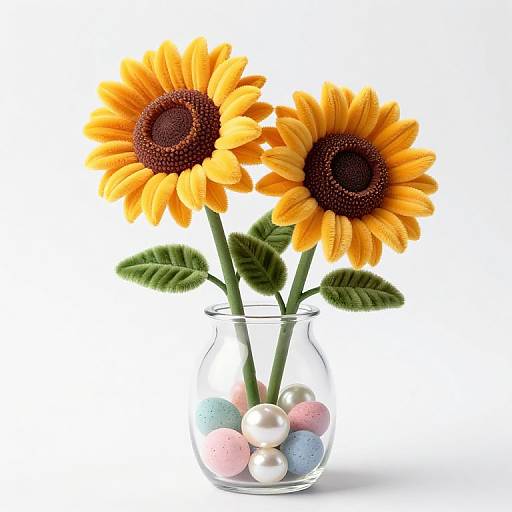 Photograph of two vibrant yellow sunflowers with green leaves, standing in a clear glass vase filled with pastel-colored eggs and pearls, against a white