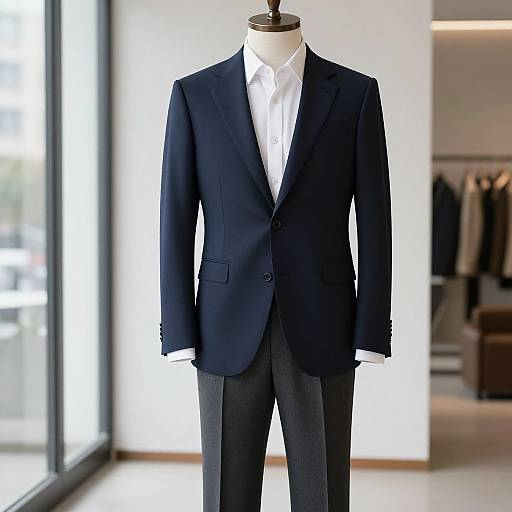 Photograph of a navy blue blazer with white shirt on a mannequin, standing in a brightly lit, modern clothing store.