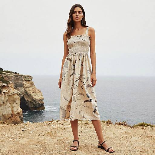 Photograph of a young woman with long brown hair, wearing a white, sleeveless, floral-print dress and black sandals, standing on a rocky cliff