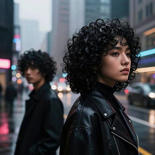 Stylish Individuals with Black Curly Hair in Cyberpunk City