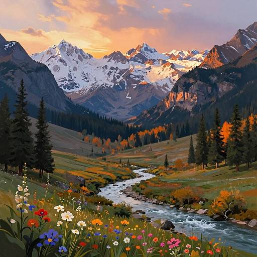 Photograph of vibrant mountain landscape at sunset, featuring snow-capped peaks, colorful wildflowers in foreground, flowing river, and pine trees.