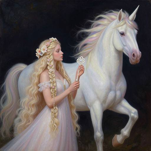 Digital painting of a blonde fairy with long braids, wearing a white dress and flower crown, holding a lollipop, standing beside a white, rainbow