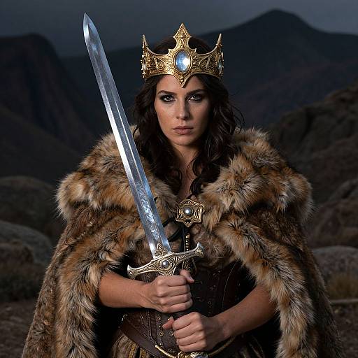 Photograph of a fierce, dark-haired woman with a crown, fur cloak, and silver sword, standing against a rocky, mountainous night background.