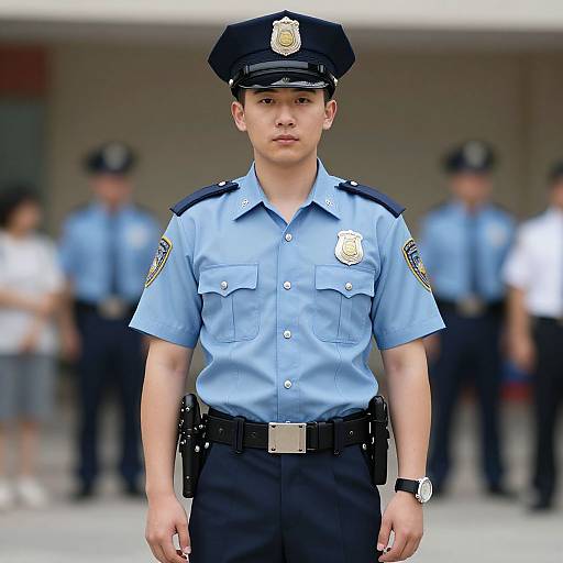 Photograph of a young Asian male police officer in a light blue uniform, black cap, and black pants, standing in front of blurred background with other