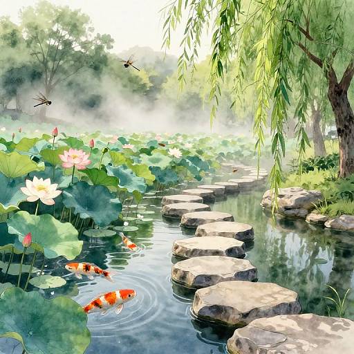 Serene watercolor painting of a pond with orange koi fish, pink lotus flowers, and stepping stones, surrounded by lush greenery and dro