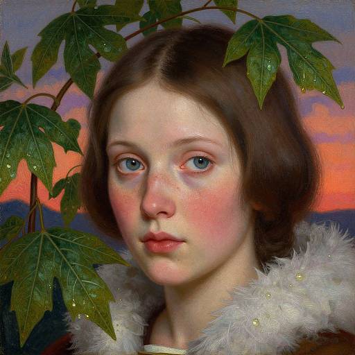 Digital painting of a fair-skinned girl with blue eyes, freckles, and brown hair, framed by green leaves, wearing a white fur-tr
