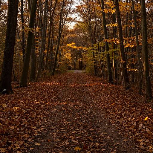 Photograph of a forest path lined with tall, leafless trees in autumn, covered in a carpet of orange and brown fallen leaves, with a dim