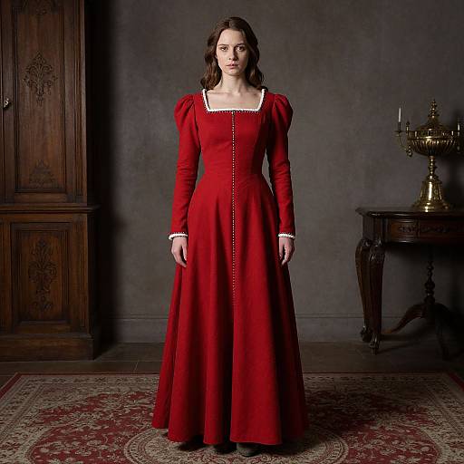 Photograph of a young woman with fair skin and dark brown hair, wearing a red, long-sleeved, Victorian-style dress with white trim,