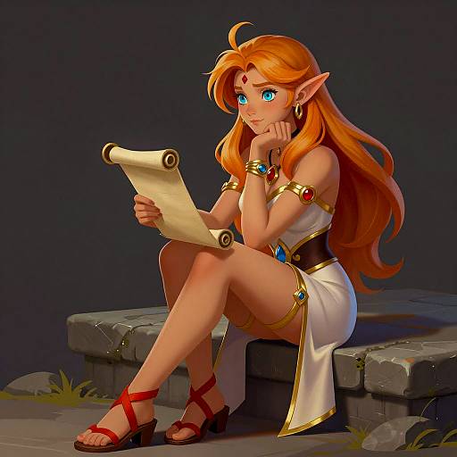 Thoughtful Elf Woman on Stone Ledge