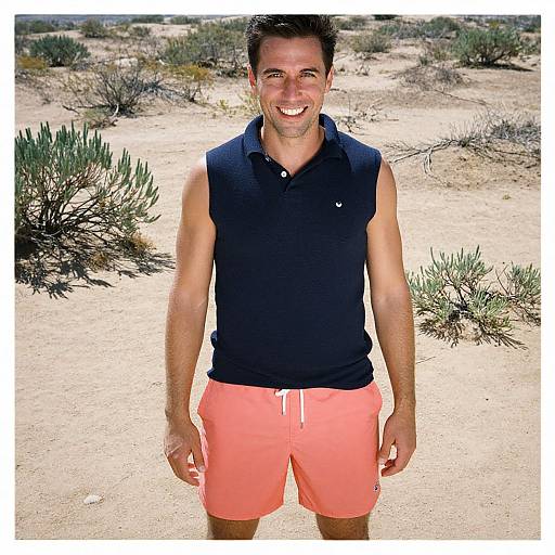 Photograph of a smiling, athletic man with short dark hair, wearing a black sleeveless polo and coral shorts, standing in a desert with sparse shr
