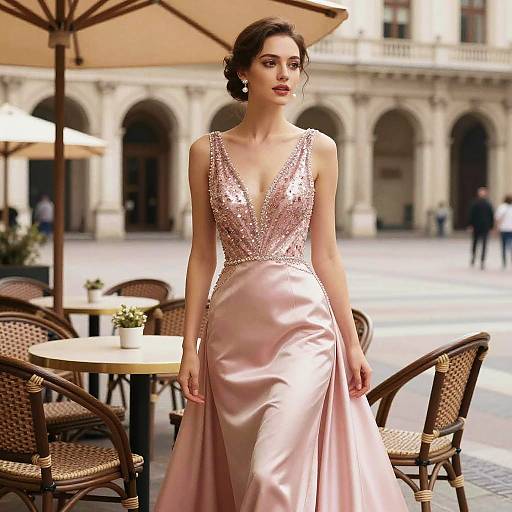 Elegant Woman in Blush Satin Gown