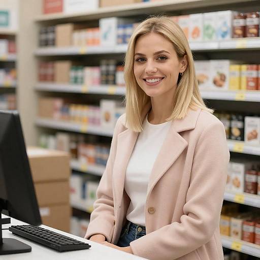 Smiling Woman at Checkout Counter