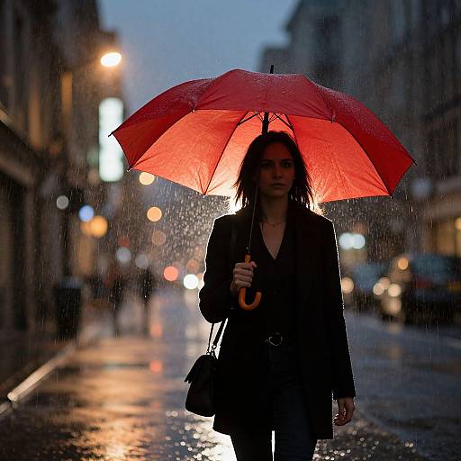 Photograph of a woman with long dark hair, wearing a black coat, holding a vibrant red umbrella, walking on a rainy urban street at dusk,