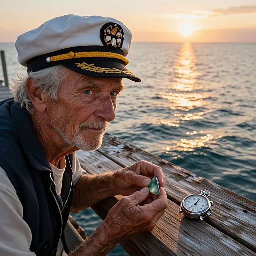 Photograph of elderly white man in white naval cap and vest, holding green gemstone, next to wooden dock, sunset over ocean.