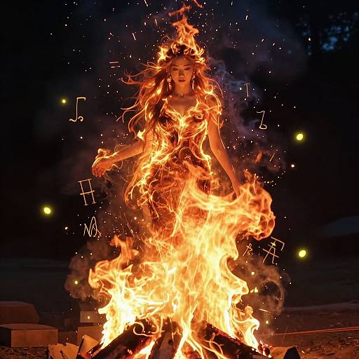 Photograph of a woman with fiery orange hair engulfed in flames, standing in front of a roaring bonfire at night, surrounded by musical notes and