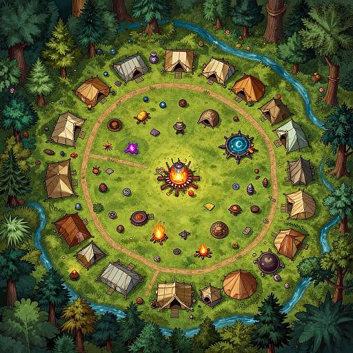 Aerial view of a vibrant campsite with tents, fires, and magical orbs in a forest clearing, surrounded by trees and a winding stream. Digital
