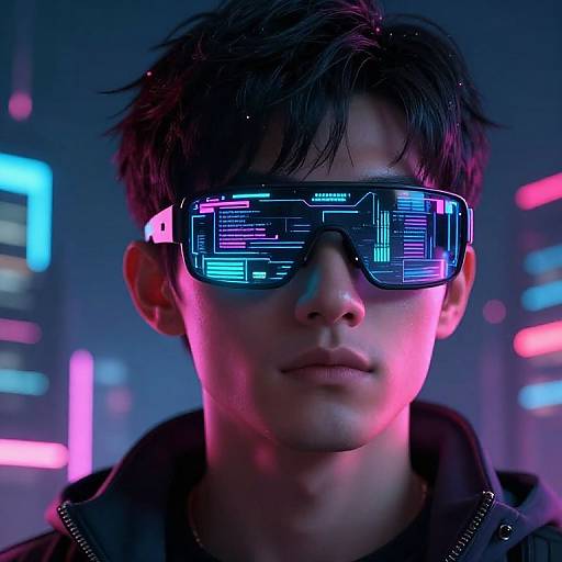 Neon-lit photograph of a young man with short black hair wearing futuristic, glowing blue and pink VR goggles, dark jacket, and serious expression,