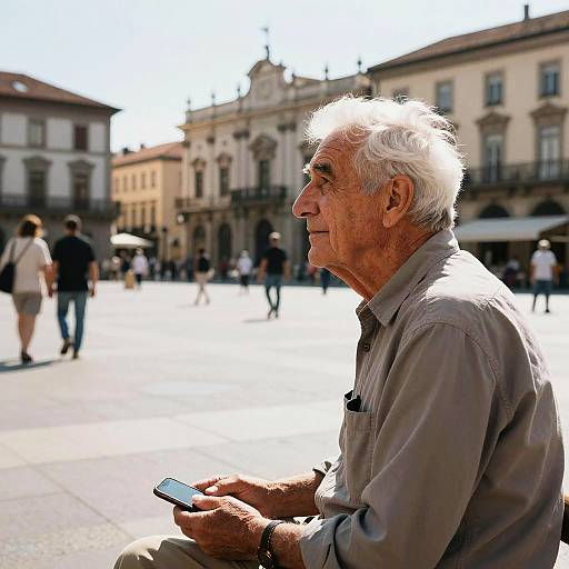 Elderly Man Reflects in Historic Square