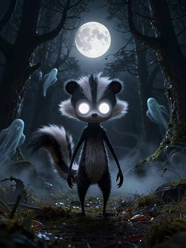 Digital art: A glowing-eyed, cartoon skunk stands in a spooky, moonlit forest with ghostly birds, surrounded by dark trees and mist.