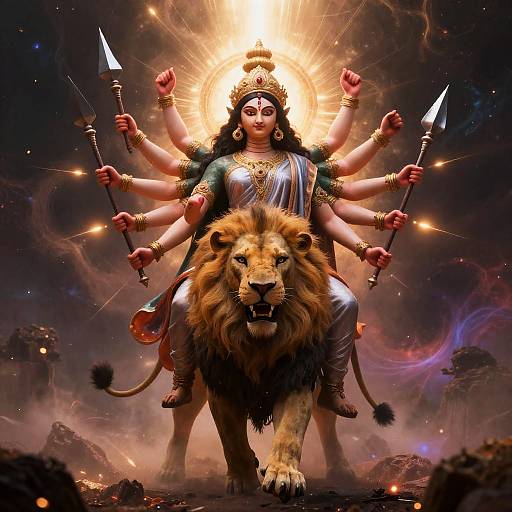 Ethereal Durga Riding Lion in Battle