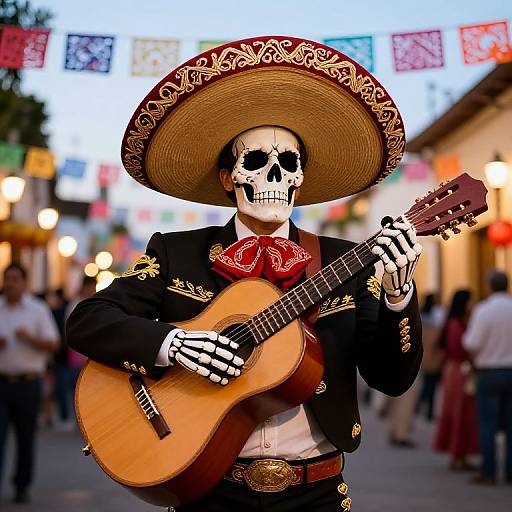 Photograph of a Day of the Dead skeleton in a black embroidered mariachi suit, large sombrero, playing an acoustic guitar in a festive street scene