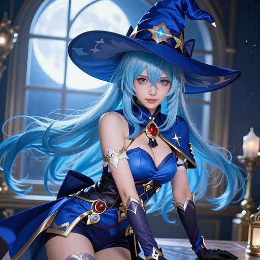 Digital artwork of a blue-haired, fair-skinned anime-style witch with large hat, star-adorned outfit, and red gem accents, sitting in