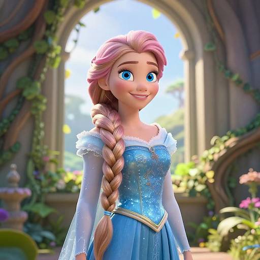 Digital CGI of Elsa from Frozen, with pink braided hair, blue dress, and sparkling bodice, smiling in a sunlit, floral garden room