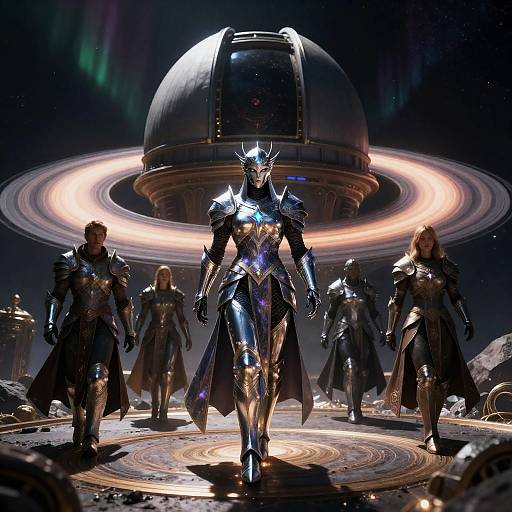 Starforged Paladin Leading Adventurers on Ringed Asteroid