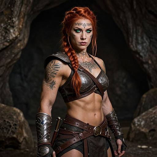 Photograph-style digital art of a muscular, red-haired woman with green eyes, tribal tattoos, and medieval armor in a dark cave.