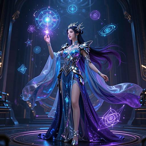 Digital art of a mystical, dark-haired woman in a glowing, blue-purple, high-neck gown with metallic armor, casting spells with a glowing orb in
