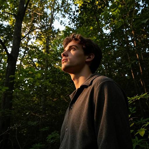 Photograph of a young man with short, curly brown hair, wearing a dark button-up shirt, gazing upwards in a sunlit forest.