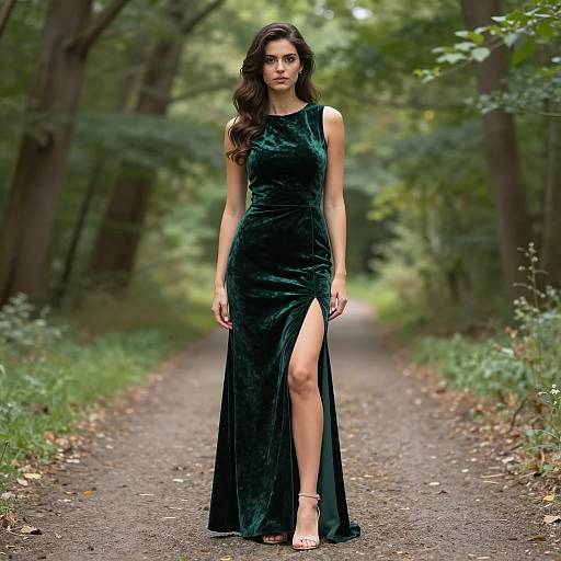Woman in Green Velvet Evening Dress on Forest Path