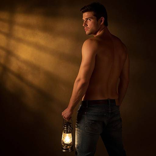 Photograph of a shirtless, muscular man with short dark hair, wearing jeans, holding a lantern, standing in dim, shadowy light.