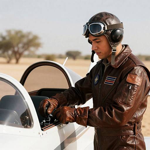 Focused Male Pilot in Leather Flight Suit