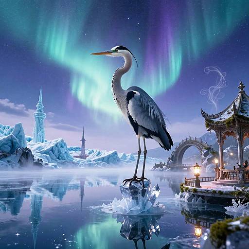 Heron on Crystal Pillars in Frozen Aurora Landscape