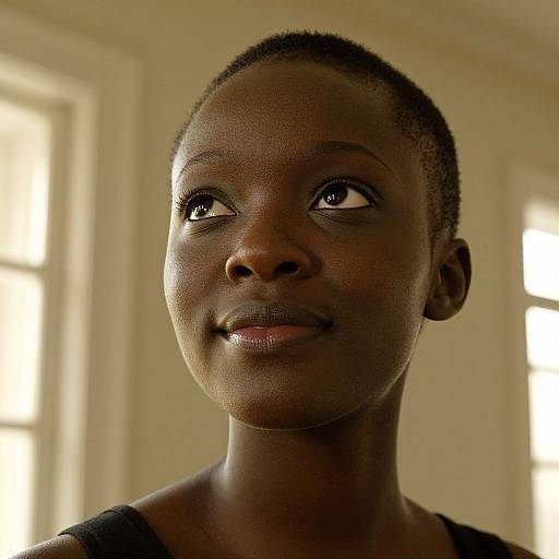 Photograph of a young African woman with dark skin, short hair, and a subtle smile, looking slightly upward, with soft light filtering through windows in