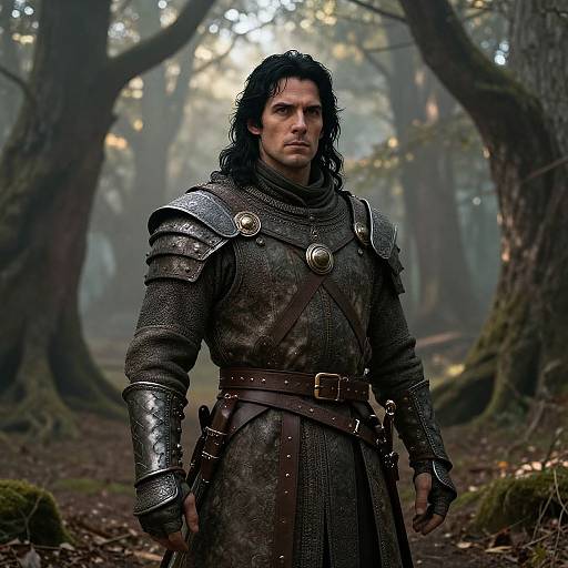 Photograph of a rugged, dark-haired man in medieval armor with silver shoulder plates and brown leather belt, standing in a misty forest.