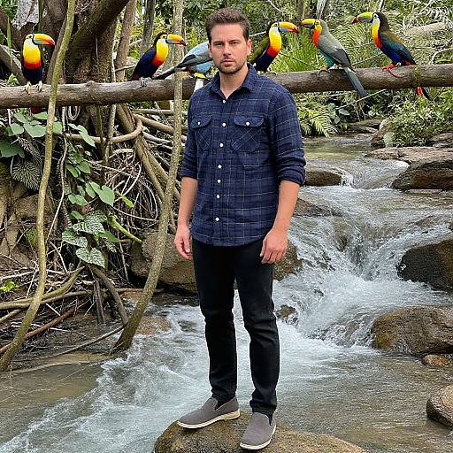 Photograph of a bearded man in a blue plaid shirt and black pants standing on a rock in a lush jungle, with colorful toucans