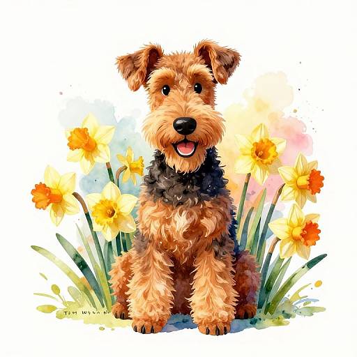 Vibrant Watercolor Airedale with Daffodils