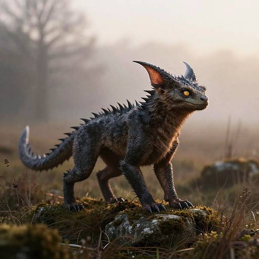 Photorealistic digital artwork of a dark, spiky dragon-like creature with glowing yellow eyes, standing on mossy rocks in a misty, fog