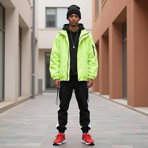 Young Man in Neon Green Jacket and Streetwear