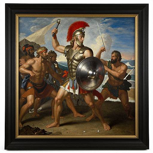 Dramatic oil painting of muscular ancient Greek warrior in shiny armor, red plume, holding sword and shield, surrounded by aggressive, shirtless opponents
