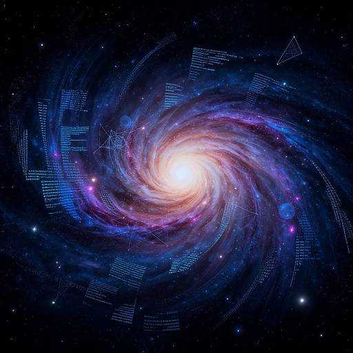 Photograph-like digital artwork of a vibrant spiral galaxy with a bright white core, surrounded by swirling blue and purple nebulae, dotted with stars and