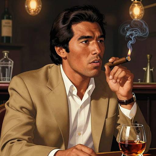 Photograph-style digital art of a handsome, dark-haired man in a beige suit, smoking a cigar, with a glass of whiskey on the bar counter