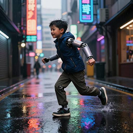 Cybernetic Boy in Neon Alley